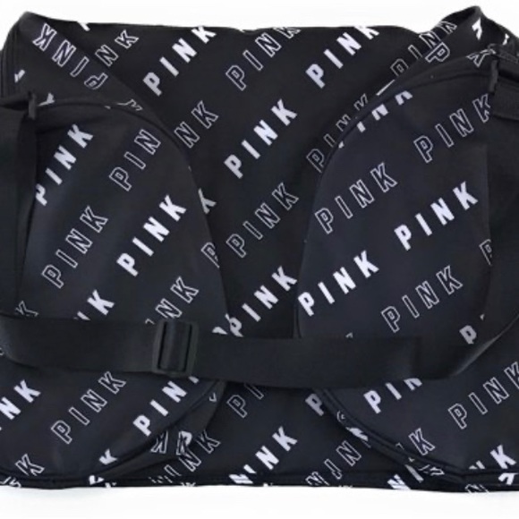 BRAND NEW VICTORIA'S SECRET PINK TRAVEL DUFFLE BAG BLACK WHITE BLOCK LOGOS - Picture 3 of 4
